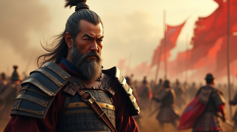 Tokugawa Ieyasu, fundador do xogunato Tokugawa, em cena da batalha de Sekigahara