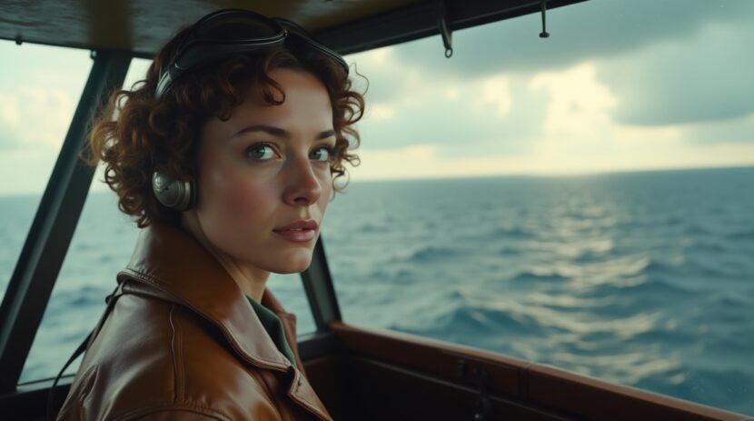 Amelia Earhart, aviadora pioneira, sobrevoando o Atlântico em seu avião, simbolizando coragem e aventura