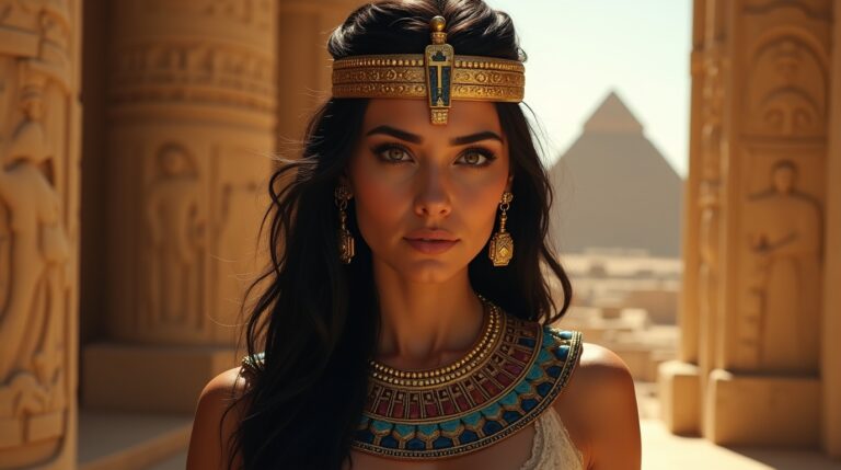 Cleópatra, última rainha do Egito Antigo, em cena histórica com símbolos egípcios