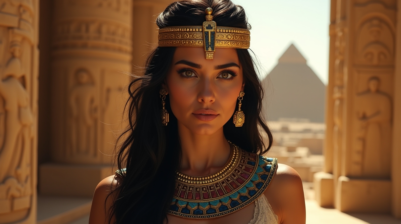 Cleópatra foi a última rainha do Egito Antigo: enigma Cleópatra, última rainha do Egito Antigo, em cena histórica com símbolos egípcios