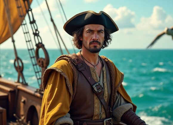 Cristóvão Colombo na expedição que o levou às Américas, contemplando o mar em um navio histórico