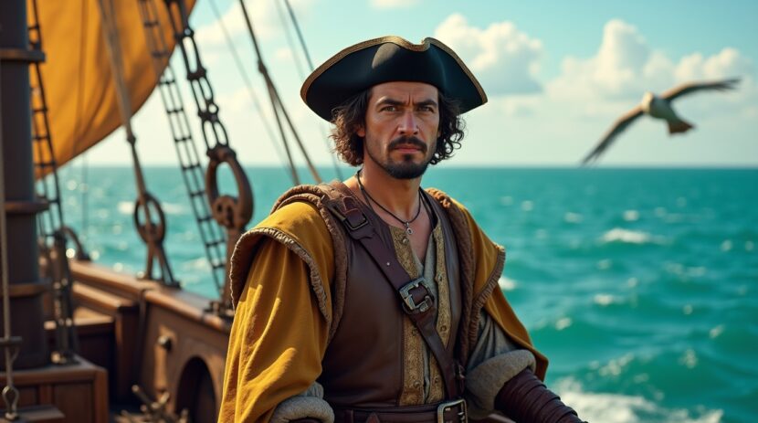Cristóvão Colombo na expedição que o levou às Américas, contemplando o mar em um navio histórico