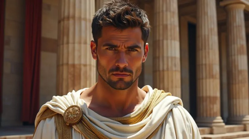 Júlio César, general romano, em cena histórica diante do Senado romano, com toga e expressão imponente