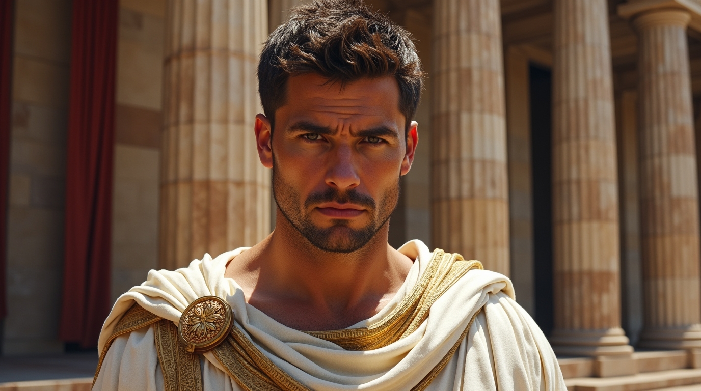 Júlio César, general romano, em cena histórica diante do Senado romano, com toga e expressão imponente