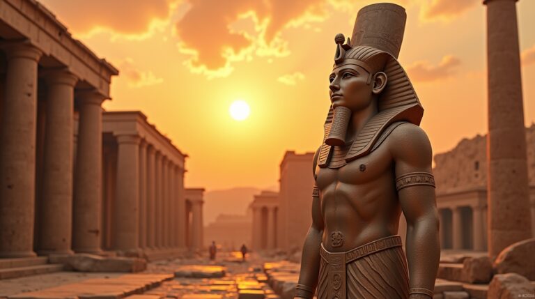 Ramsés II faraó mais poderoso do Egito: legado e conquistas Ramsés II faraó mais poderoso do Egito em frente a monumentos antigos no Egito