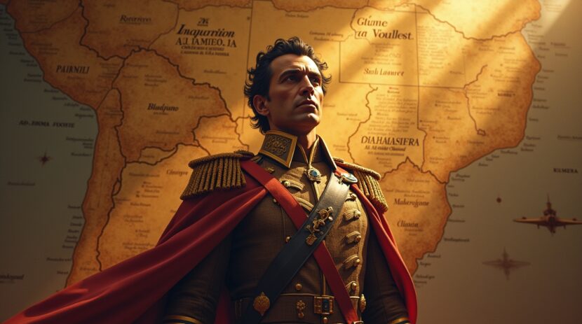 Simón Bolívar líder revolucionário América do Sul — O Legado Simón Bolívar, líder revolucionário da América do Sul, em cenário histórico representando seu legado e conquistas