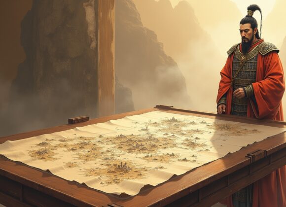 Sun Tzu estrategista militar A Arte da Guerra em cena épica analisando mapa de batalha