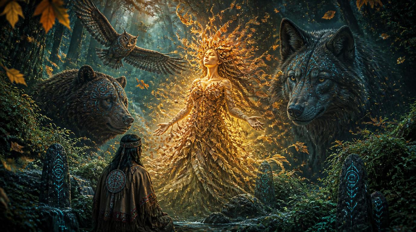 Espíritos das folhas na mitologia norte-americana representados por criaturas lendárias em uma atmosfera mística de floresta