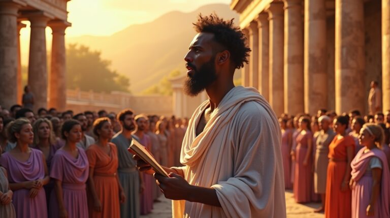 Rapsodo na mitologia grega recitando poesia épica em um anfiteatro antigo
